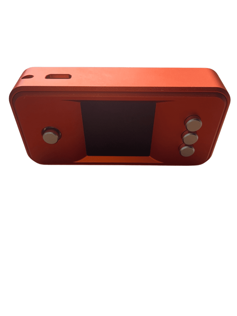 Bitsaga SeedSigner in milled orange aluminium, angled view