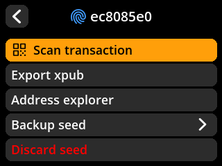 stock SeedSigner: Seed options screen. The newly created seed is loaded; its action menu includes Backup seed.