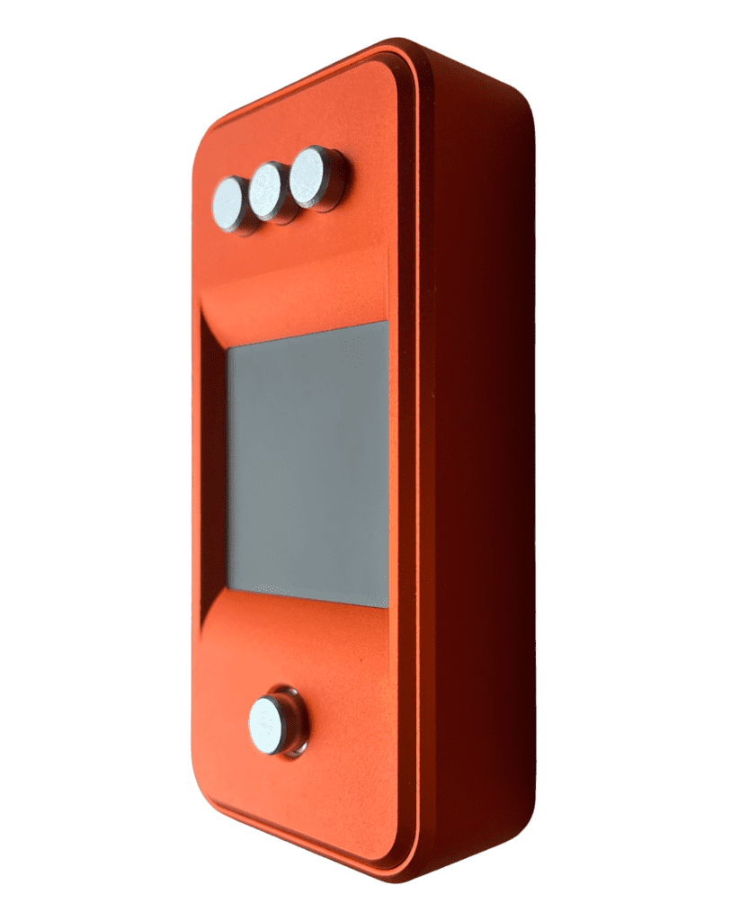 Bitsaga SeedSigner standing upright in its milled aluminium enclosure